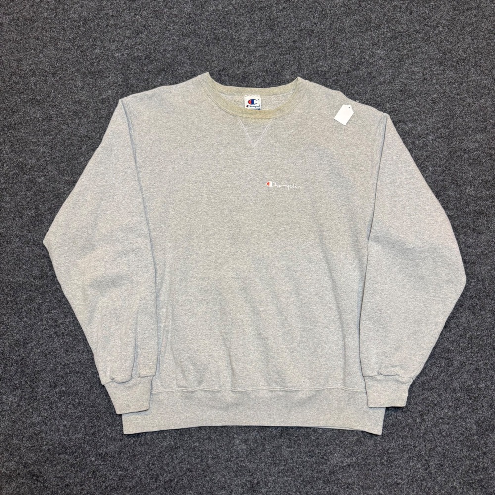 Champion Mens XL Heather Gray Crewneck Sweatshirt Embroidered Script Logo V-Neck